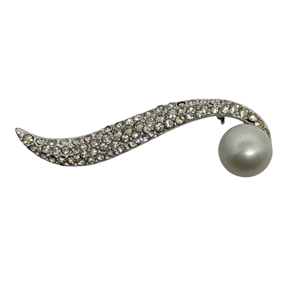 Faux Pearl Rhinestone Wave Brooch Pin 2.75 Inch Statement Cocktail Silver Tone‎